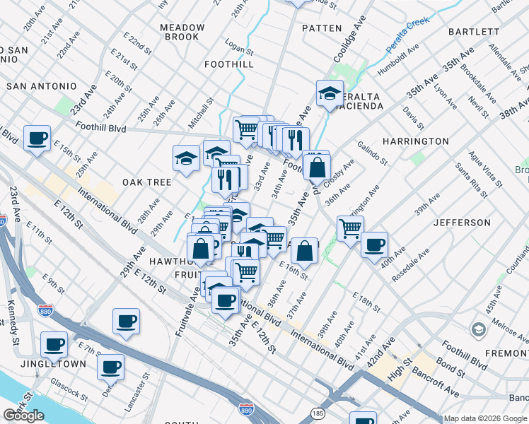 map of restaurants, bars, coffee shops, grocery stores, and more near 1658 34th Avenue in Oakland