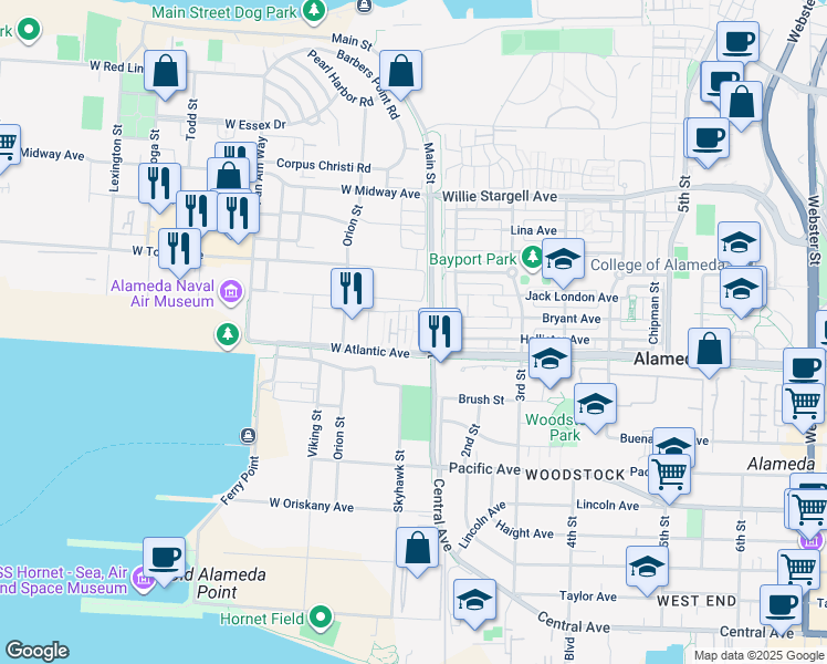 map of restaurants, bars, coffee shops, grocery stores, and more near 173 West Seaplane Lagoon Avenue in Alameda
