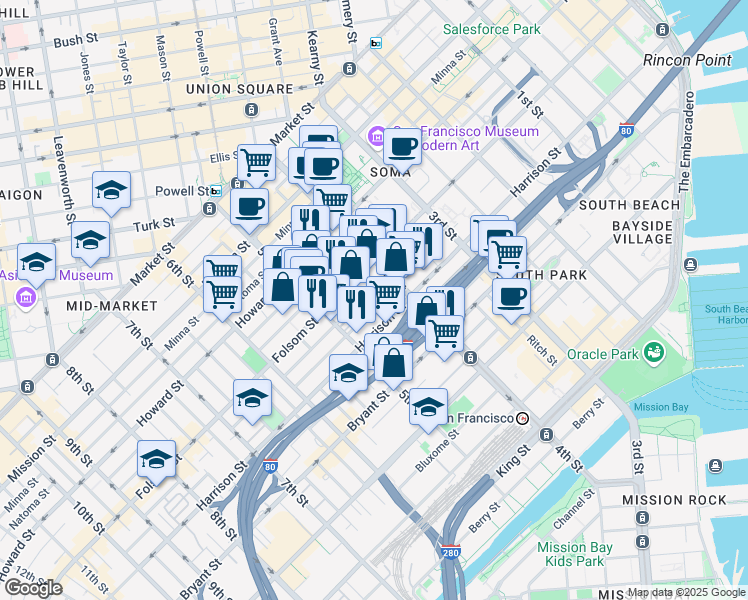 map of restaurants, bars, coffee shops, grocery stores, and more near 888 Perry Street in San Francisco