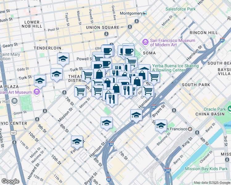 map of restaurants, bars, coffee shops, grocery stores, and more near 241 5th Street in San Francisco