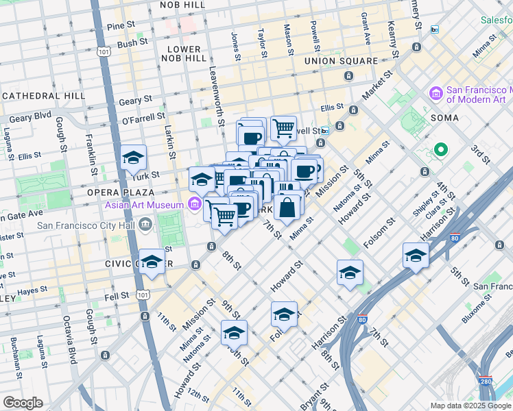 map of restaurants, bars, coffee shops, grocery stores, and more near in San Francisco