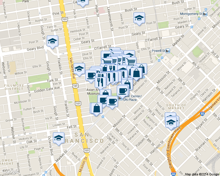 map of restaurants, bars, coffee shops, grocery stores, and more near 200 McAllister Street in San Francisco