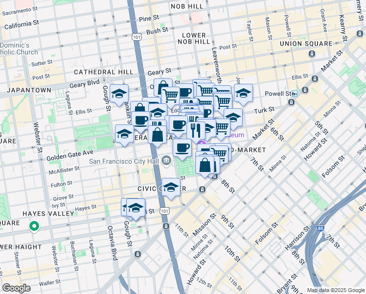 map of restaurants, bars, coffee shops, grocery stores, and more near 355 McAllister Street in San Francisco