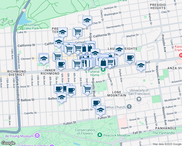 map of restaurants, bars, coffee shops, grocery stores, and more near 540 Arguello Boulevard in San Francisco