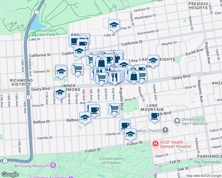 map of restaurants, bars, coffee shops, grocery stores, and more near 435 2nd Avenue in San Francisco