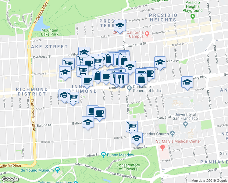 map of restaurants, bars, coffee shops, grocery stores, and more near 441a 2nd Avenue in San Francisco