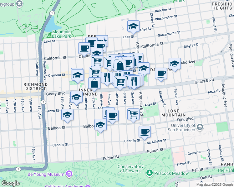 map of restaurants, bars, coffee shops, grocery stores, and more near 415 3rd Avenue in San Francisco