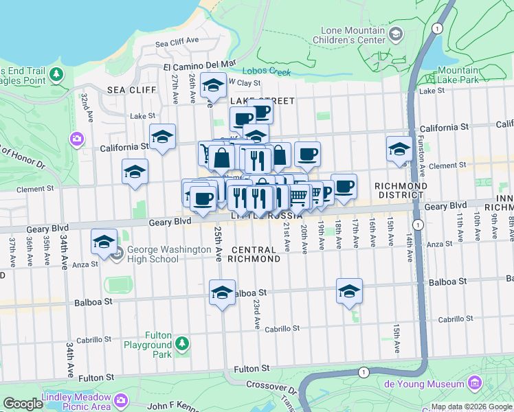 map of restaurants, bars, coffee shops, grocery stores, and more near 5860 Geary Boulevard in San Francisco