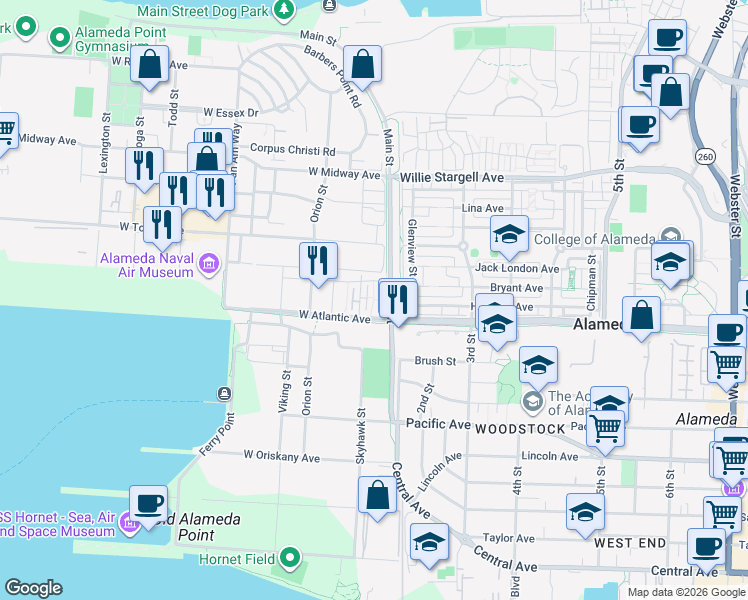 map of restaurants, bars, coffee shops, grocery stores, and more near 2143 Main Street in Alameda