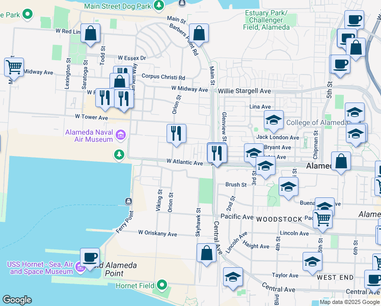 map of restaurants, bars, coffee shops, grocery stores, and more near 142 Coronado Avenue in Alameda