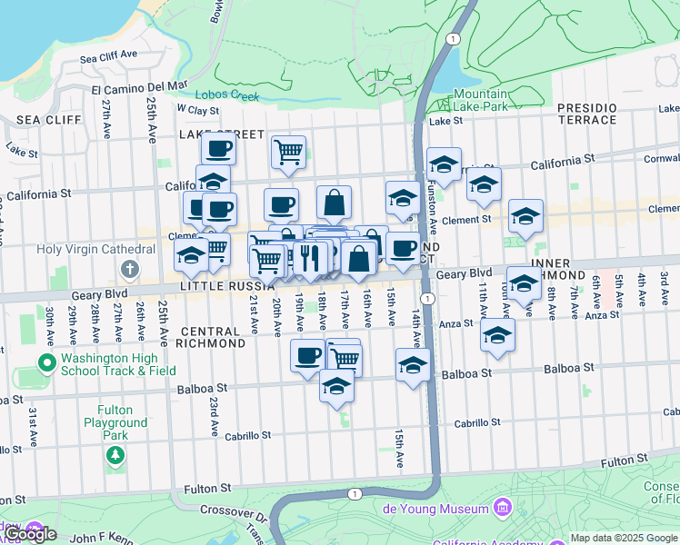 map of restaurants, bars, coffee shops, grocery stores, and more near 5320 Geary Boulevard in San Francisco