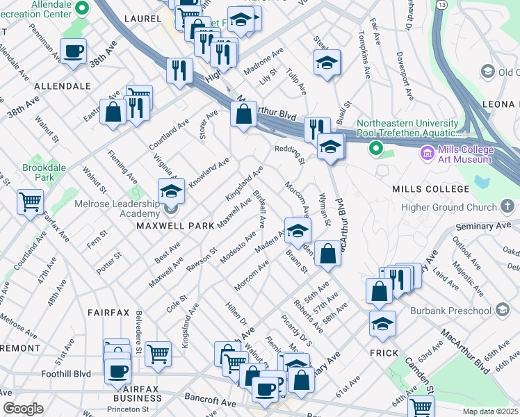map of restaurants, bars, coffee shops, grocery stores, and more near 3151 Rawson Street in Oakland