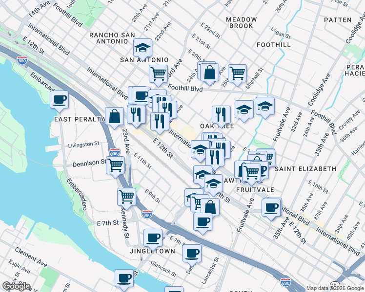 map of restaurants, bars, coffee shops, grocery stores, and more near 2647 International Boulevard in Oakland