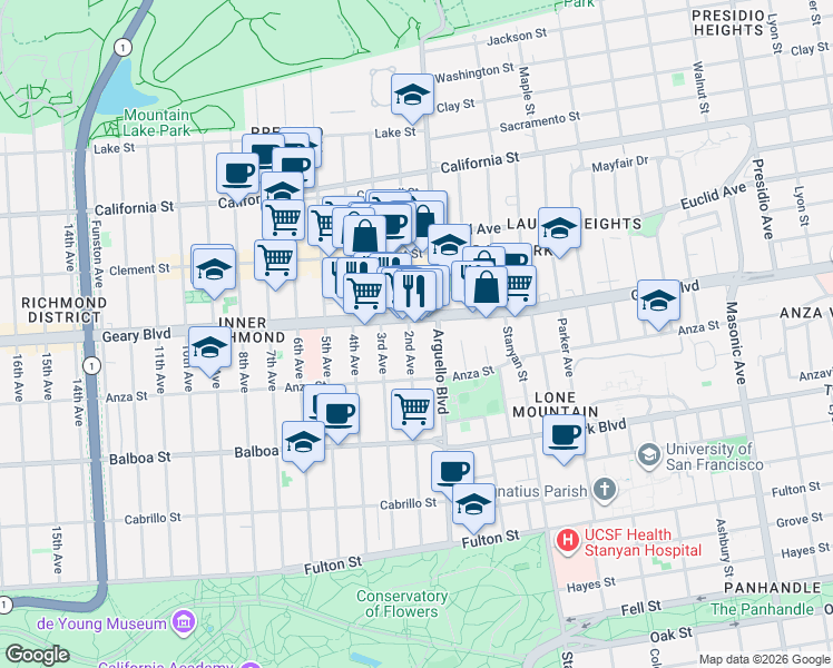 map of restaurants, bars, coffee shops, grocery stores, and more near 418 2nd Avenue in San Francisco