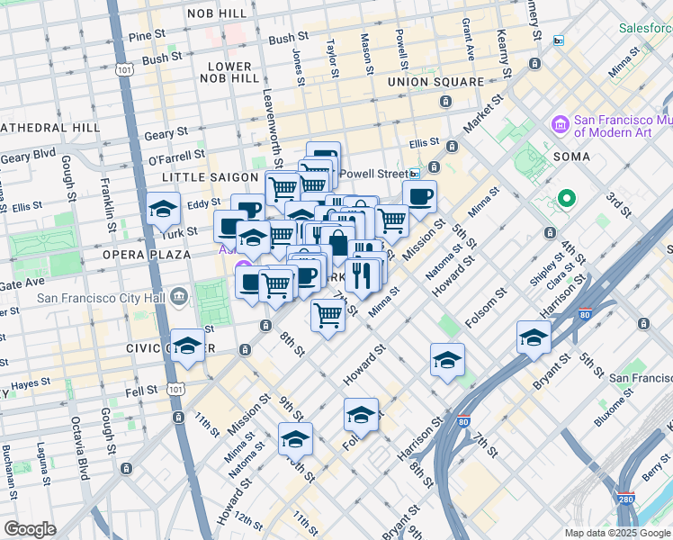 map of restaurants, bars, coffee shops, grocery stores, and more near 1100 Market Street in San Francisco