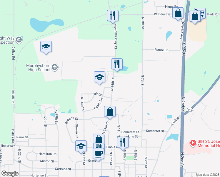 map of restaurants, bars, coffee shops, grocery stores, and more near 1405-1415 N 14th St in Murphysboro