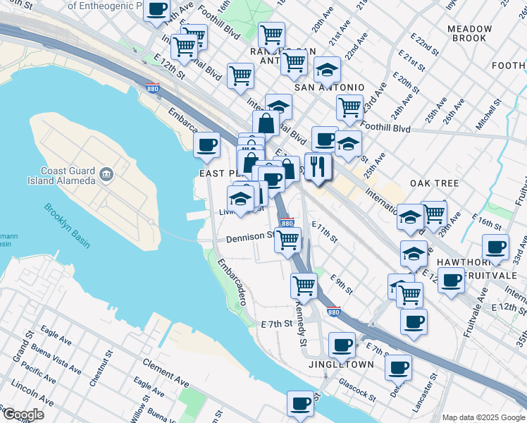 map of restaurants, bars, coffee shops, grocery stores, and more near 1039 Cotton Street in Oakland
