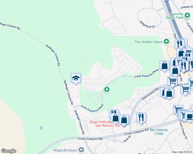 map of restaurants, bars, coffee shops, grocery stores, and more near 27107 Via Vicenza in San Ramon