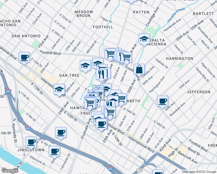 map of restaurants, bars, coffee shops, grocery stores, and more near 1637 33rd Avenue in Oakland