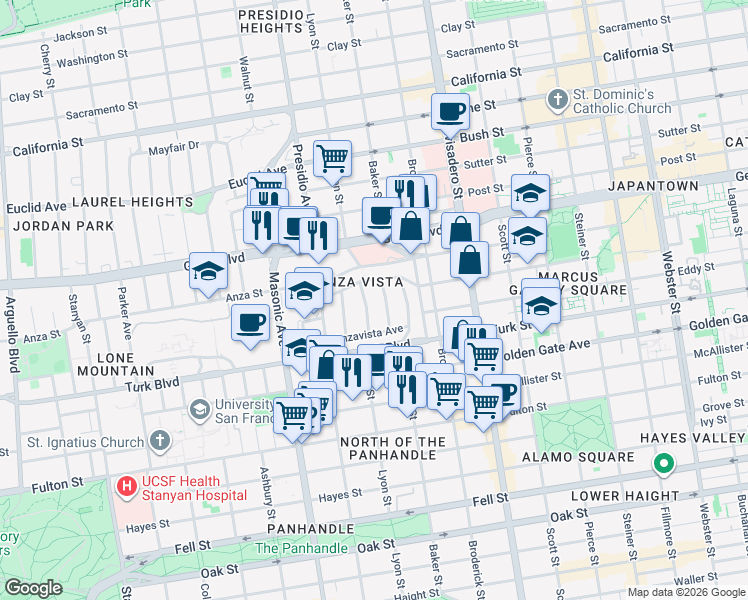 map of restaurants, bars, coffee shops, grocery stores, and more near in San Francisco