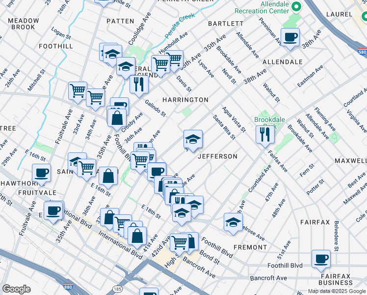 map of restaurants, bars, coffee shops, grocery stores, and more near 2106 39th Avenue in Oakland