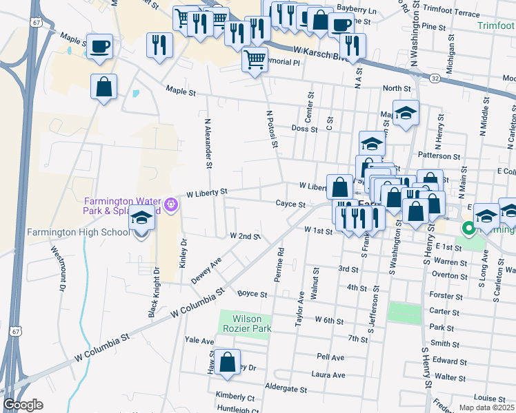 map of restaurants, bars, coffee shops, grocery stores, and more near 500 Cayce Street in Farmington