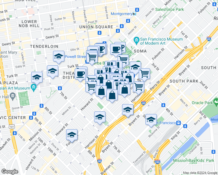 map of restaurants, bars, coffee shops, grocery stores, and more near 921 Howard Street in San Francisco