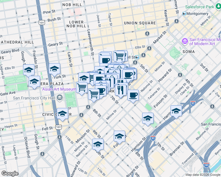 map of restaurants, bars, coffee shops, grocery stores, and more near 1077 Market St in San Francisco