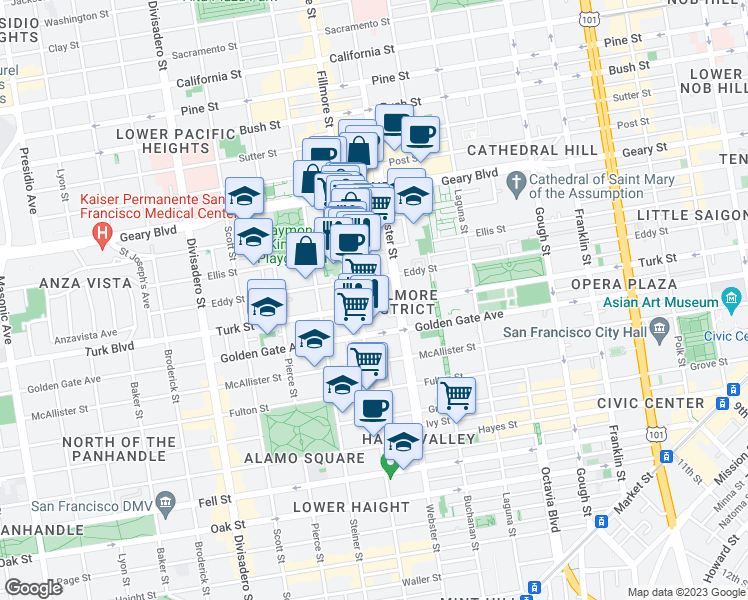 map of restaurants, bars, coffee shops, grocery stores, and more near 1109 Fillmore Street in San Francisco