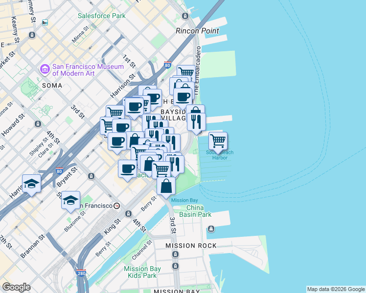 map of restaurants, bars, coffee shops, grocery stores, and more near 38 King Street in San Francisco
