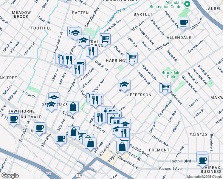map of restaurants, bars, coffee shops, grocery stores, and more near 2032 38th Avenue in Oakland