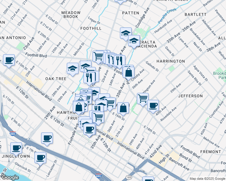 map of restaurants, bars, coffee shops, grocery stores, and more near 1658 34th Avenue in Oakland