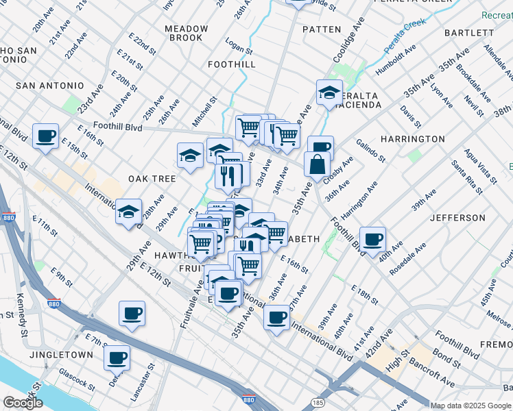 map of restaurants, bars, coffee shops, grocery stores, and more near 1630 33rd Avenue in Oakland