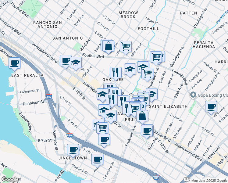 map of restaurants, bars, coffee shops, grocery stores, and more near 1446 28th Avenue in Oakland