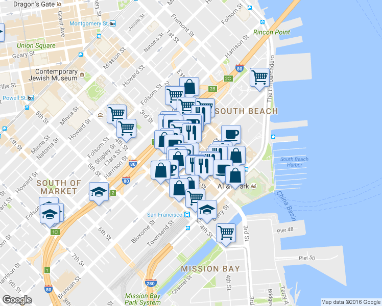 map of restaurants, bars, coffee shops, grocery stores, and more near 380 Brannan Street in San Francisco