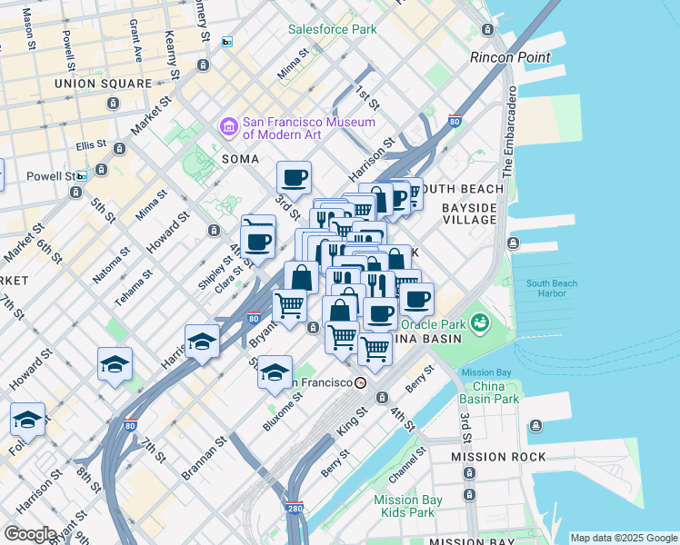 map of restaurants, bars, coffee shops, grocery stores, and more near 550 3rd Street in San Francisco