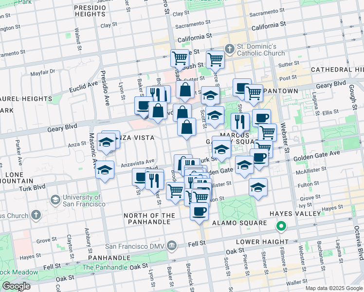map of restaurants, bars, coffee shops, grocery stores, and more near 1199 Divisadero Street in San Francisco
