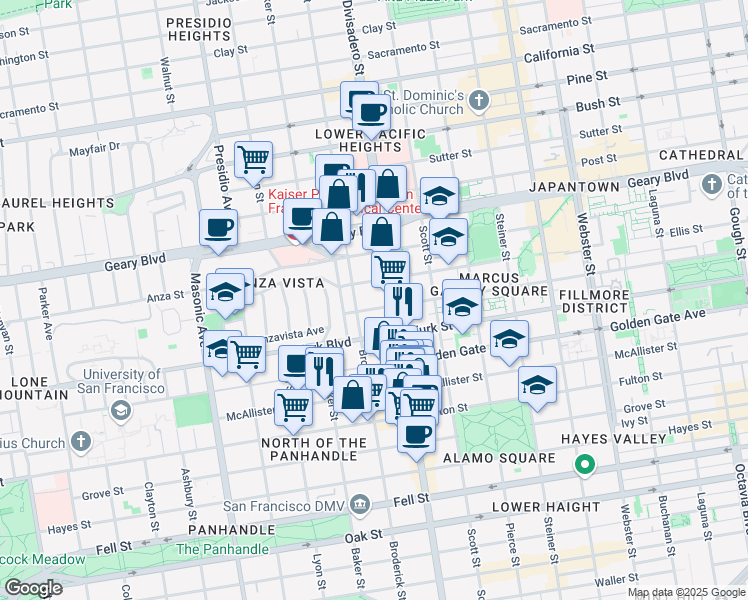 map of restaurants, bars, coffee shops, grocery stores, and more near 1100 Broderick Street in San Francisco