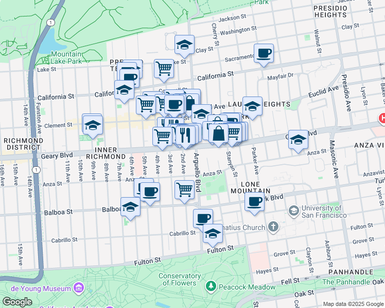 map of restaurants, bars, coffee shops, grocery stores, and more near 540 Arguello Boulevard in San Francisco