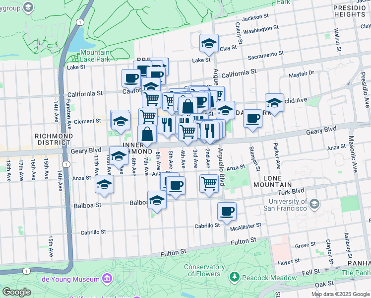 map of restaurants, bars, coffee shops, grocery stores, and more near 415 3rd Avenue in San Francisco