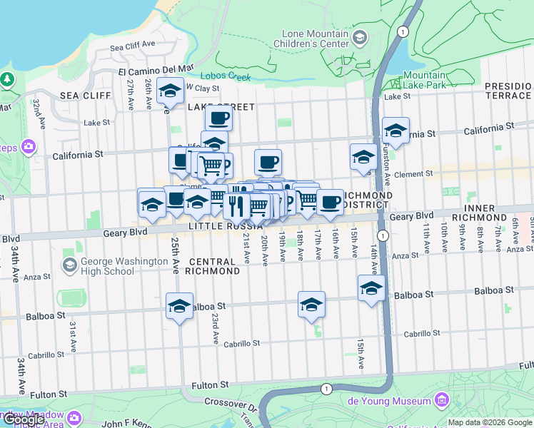 map of restaurants, bars, coffee shops, grocery stores, and more near 399 20th Avenue in San Francisco