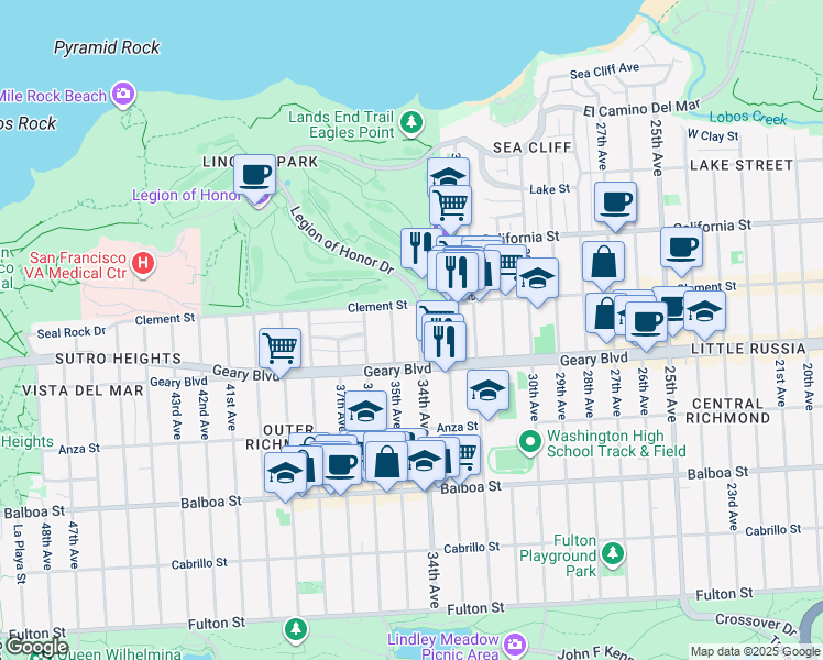 map of restaurants, bars, coffee shops, grocery stores, and more near 455 34th Avenue in San Francisco