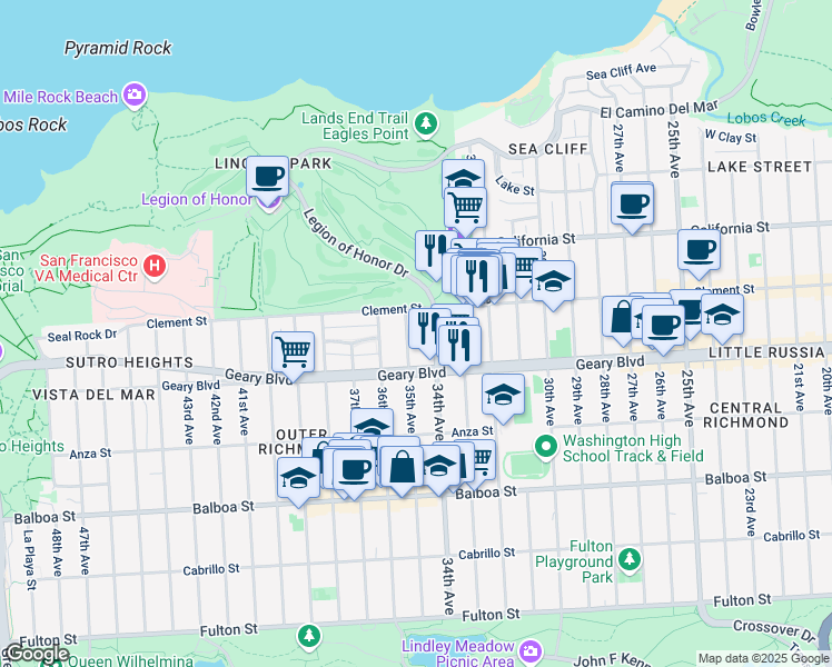 map of restaurants, bars, coffee shops, grocery stores, and more near 455 34th Avenue in San Francisco
