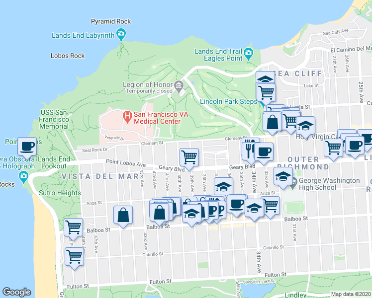 map of restaurants, bars, coffee shops, grocery stores, and more near 444 40th Avenue in San Francisco