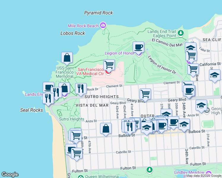 map of restaurants, bars, coffee shops, grocery stores, and more near 424 44th Avenue in San Francisco