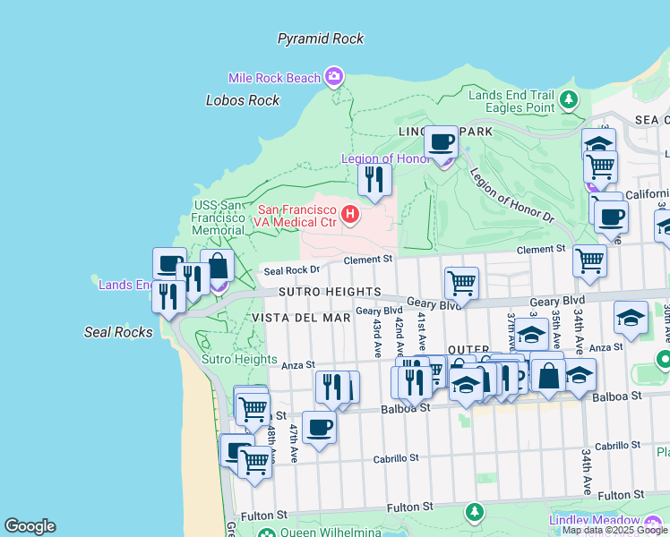 map of restaurants, bars, coffee shops, grocery stores, and more near 401 45th Avenue in San Francisco