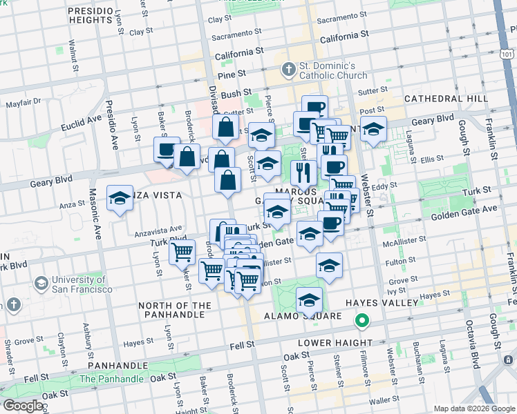 map of restaurants, bars, coffee shops, grocery stores, and more near Scott St & Eddy St in San Francisco