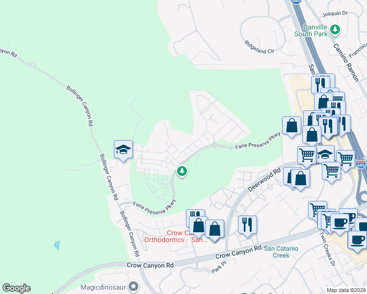 map of restaurants, bars, coffee shops, grocery stores, and more near 2002 Davoli Court in San Ramon