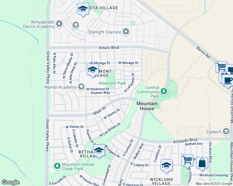 map of restaurants, bars, coffee shops, grocery stores, and more near 103 Lafayette Street in Mountain House