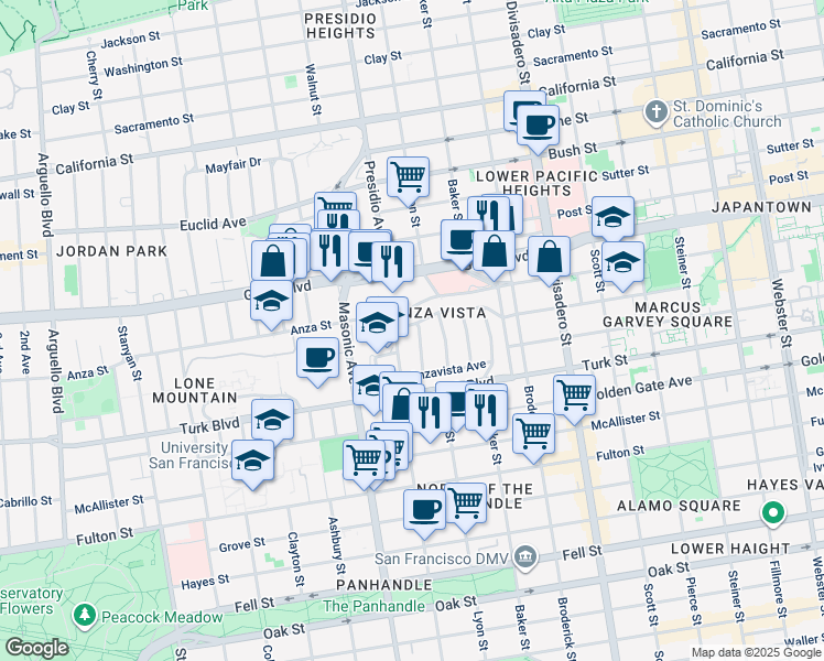 map of restaurants, bars, coffee shops, grocery stores, and more near 97 Barcelona Avenue in San Francisco
